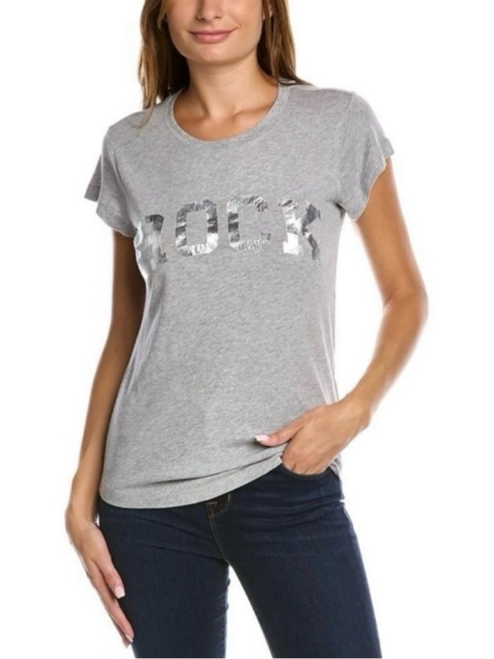 Zadig & Voltaire Skinny Rock Metallic Foil Tee Gray Silver Size Small
